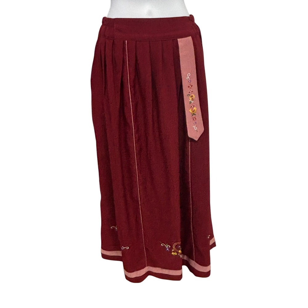Fashion Original Burgundy Embroidered Floral Maxi Skirt Pink Trim Size Medium‎
